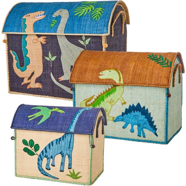 Billede af Rice Dinosaur Theme Raffia Kurvehus til Opbevaring 3-pak